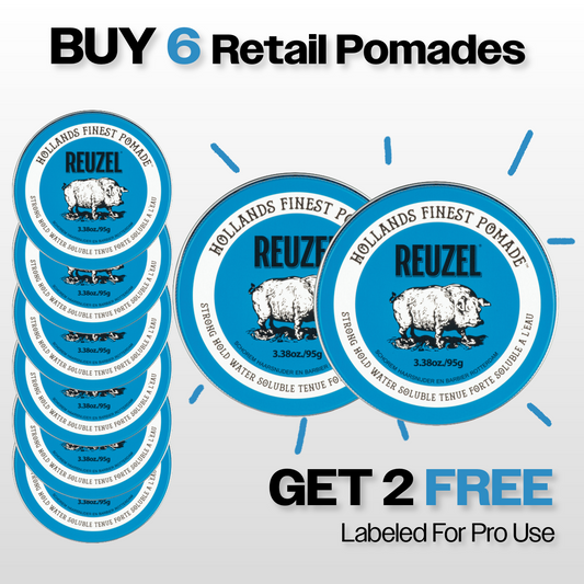 Promotional graphic for Reuzel retail pomades with a buy 6 Blue Strong Hold Water Soluble Pomades, get 2 free for backbar offer.