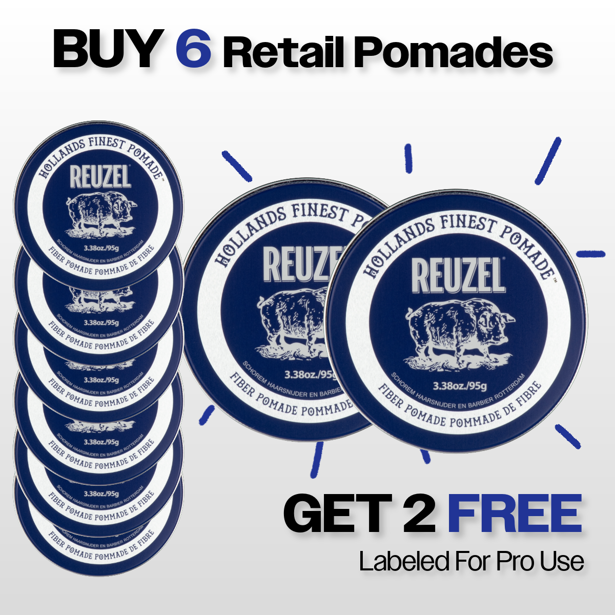 Promotional graphic for Reuzel retail pomades with a buy 6 Fiber Pomades, get 2 free for backbar offer.