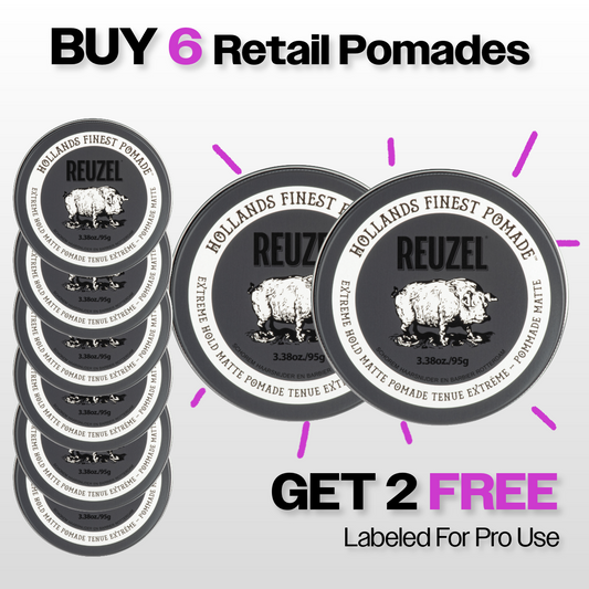 Promotional graphic for Reuzel retail pomades with a buy 6 Extreme Hold Matte Pomades, get 2 free for backbar offer.