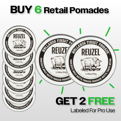 Promotional graphic for Reuzel retail pomades with a buy 6 Concrete Hold Matte Pomades, get 2 free for backbar offer.