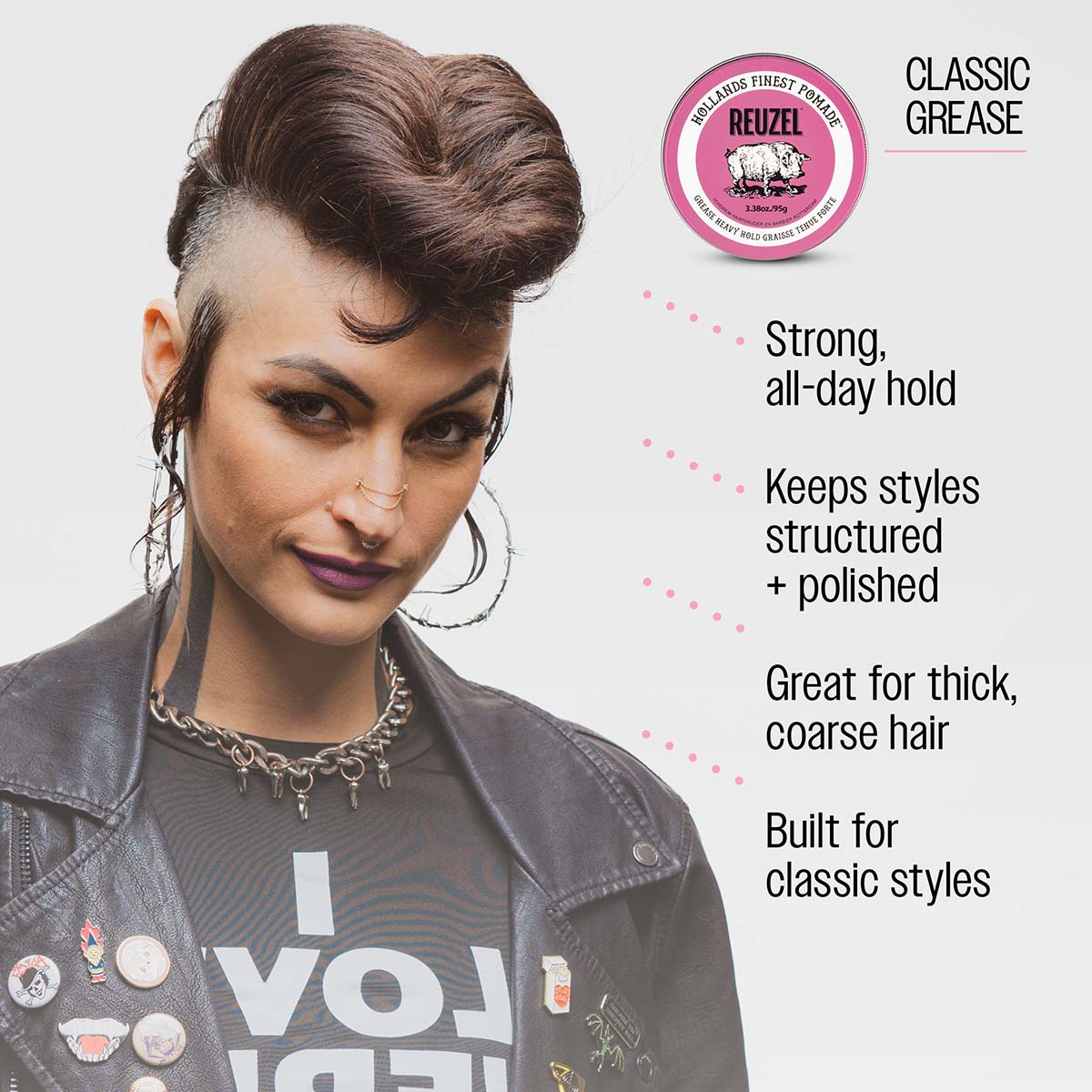 Reuzel pink pomade classic grease strong all day hold keeps styles structured and polished great for thick coarse hair built for classic 