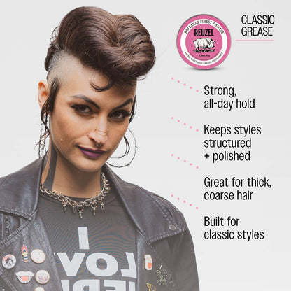 Reuzel pink pomade classic grease strong all day hold keeps styles structured and polished great for thick coarse hair built for classic 