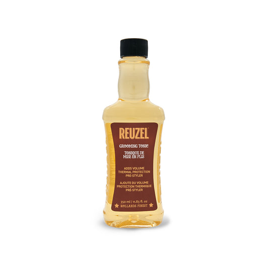 Reuzelinc Grooming Tonic bottle with label, front view showing product details for styling and hair care.