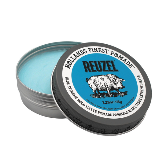 Reuzel pomade tin with Blue Extreme Pomade on a white background