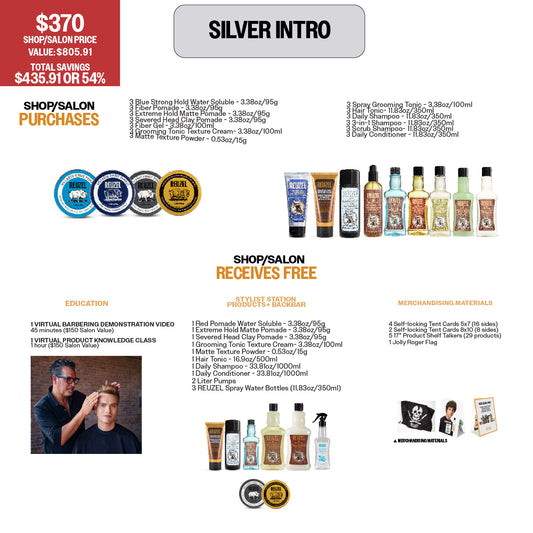 REUZEL SILVER INTRO - Grooming product set with pricing and promotional details on a white  background