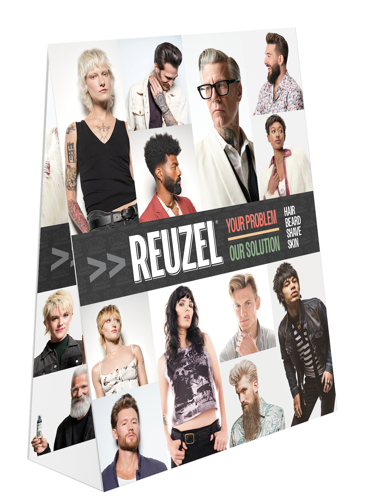 Reuzel 2026 Merch Kit with branded merchandise and promotional tent card for Reuzel grooming products.