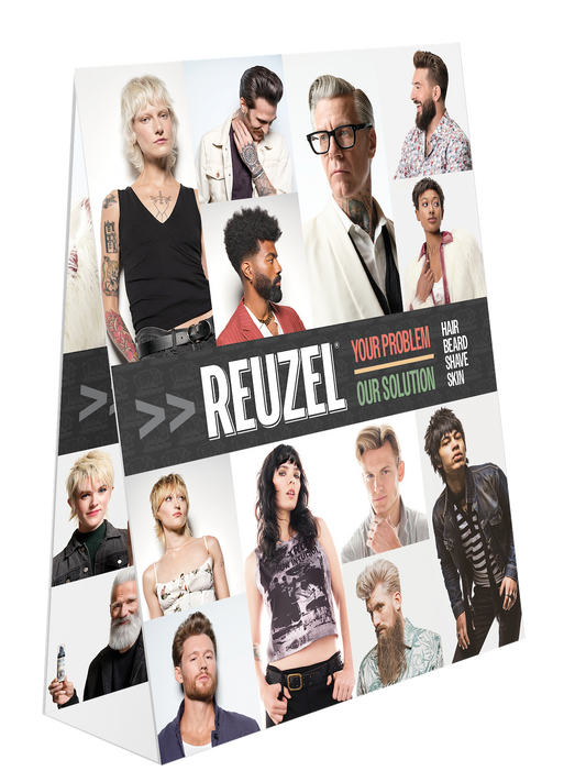 Reuzel 2026 Merch Kit with branded merchandise and promotional tent card for Reuzel grooming products.