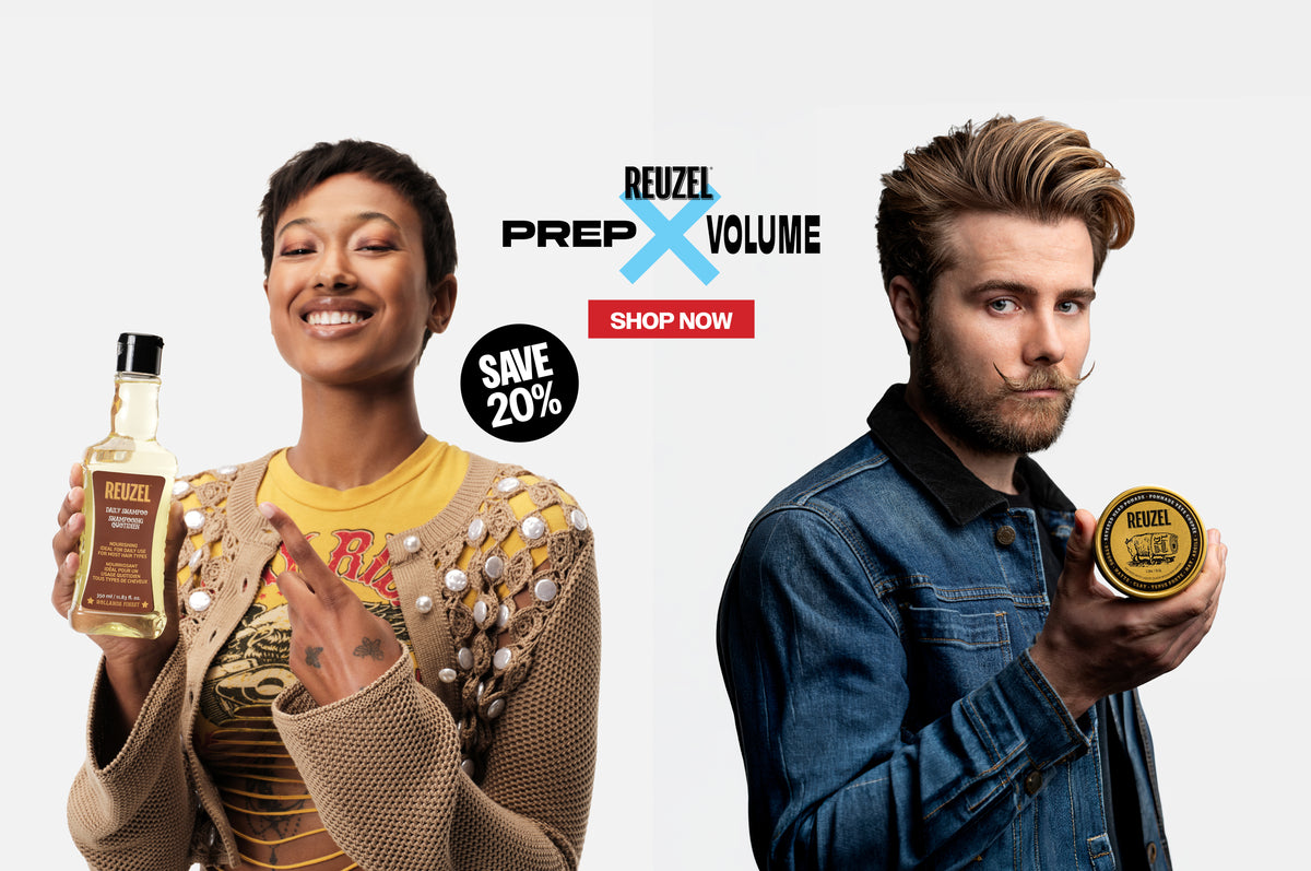 REUZEL Prep and Volume collection now 20% off. Banner reads "save 20%. Prep your hair. Amplify your style." Click to shop now