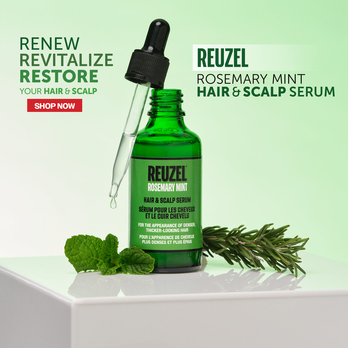 REUZEL rosemary mint hair & scalp serum. Renew Revitalize Restore your hair and scalp. Click to shop now