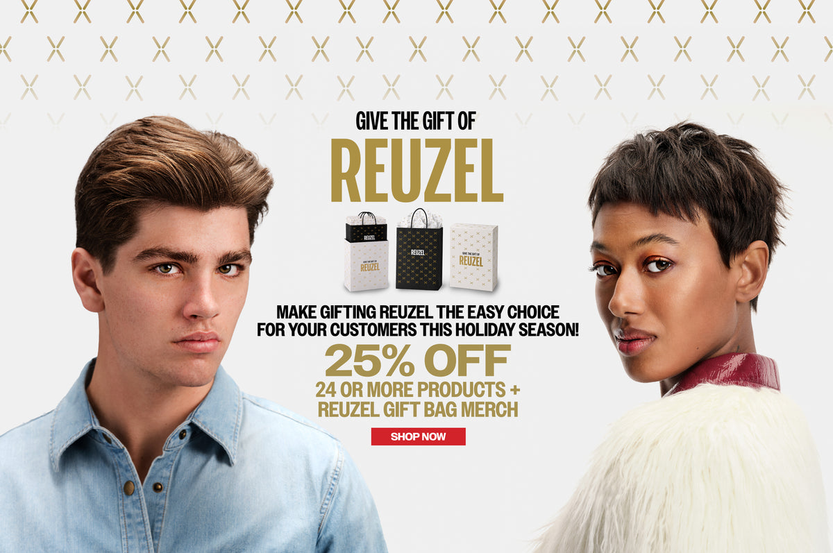 Promotional advertisement for REUZEL  featuring a man on the left and a woman on the right, with text reading 'GIVE THE GIFT OF REUZEL' and 'MIX & MATCH 24 PRODUCTS, GET 25% OFF + 12 GIFT BAGS & TISSUE PAPER FREE'. Small product packaging samples are shown in the center against a light gray background with a subtle gold X pattern.