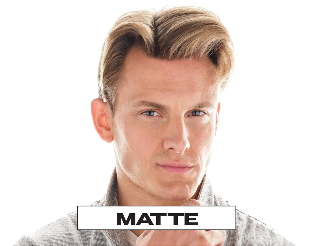 Vendor Matte vs Shine merch kit with various matte and shiny product samples displayed on a white background.
