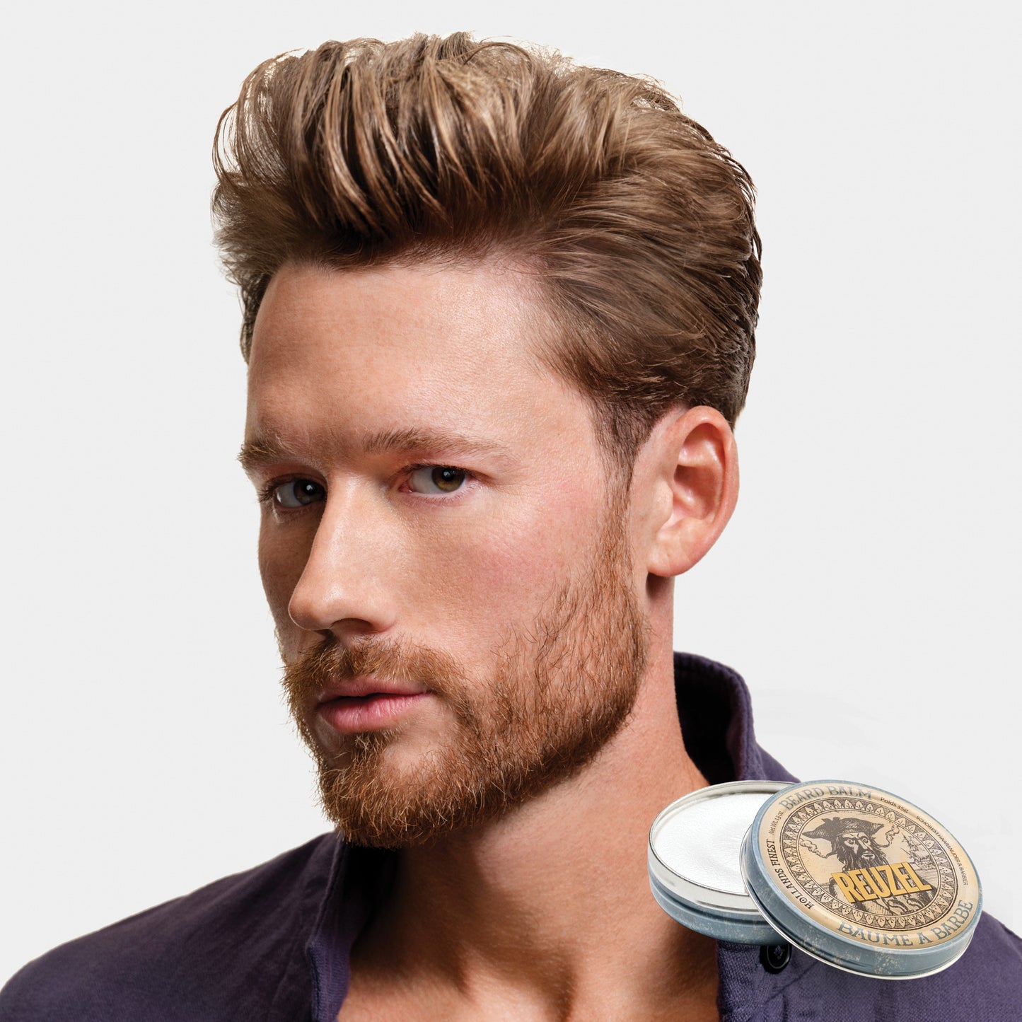 Man with brown hair and beard styled with Wood & Spice Beard Balm REUZEL 