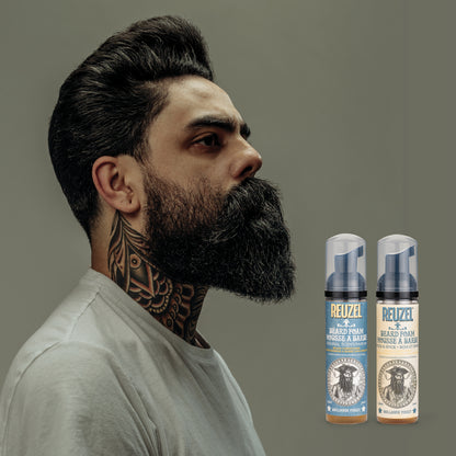 Man with clean beard cleaned with REUZEL Wood & Spice Beard Foam