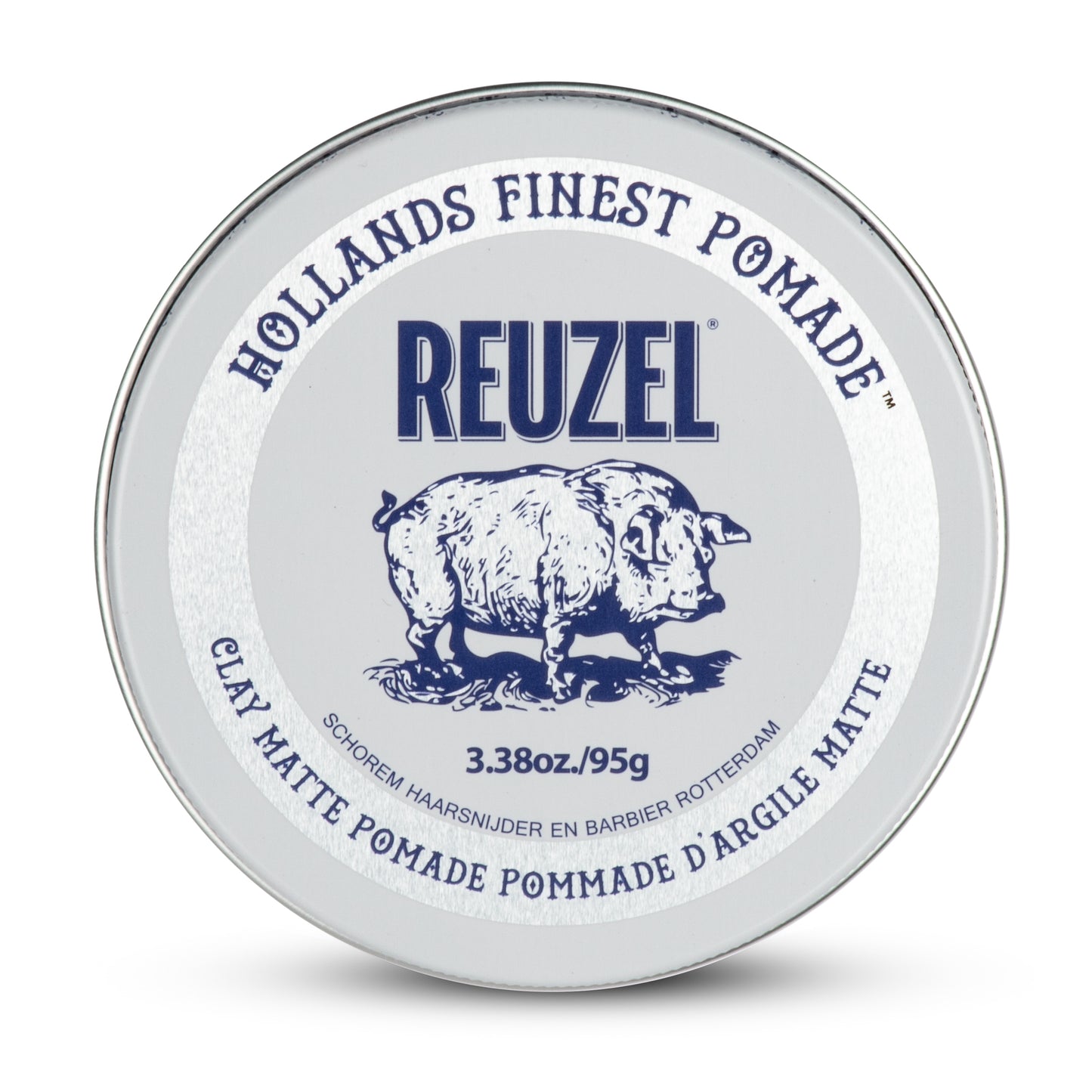 Reuzel Clay Matte Pomade in a container showcasing its creamy texture for styling hair with a matte finish.