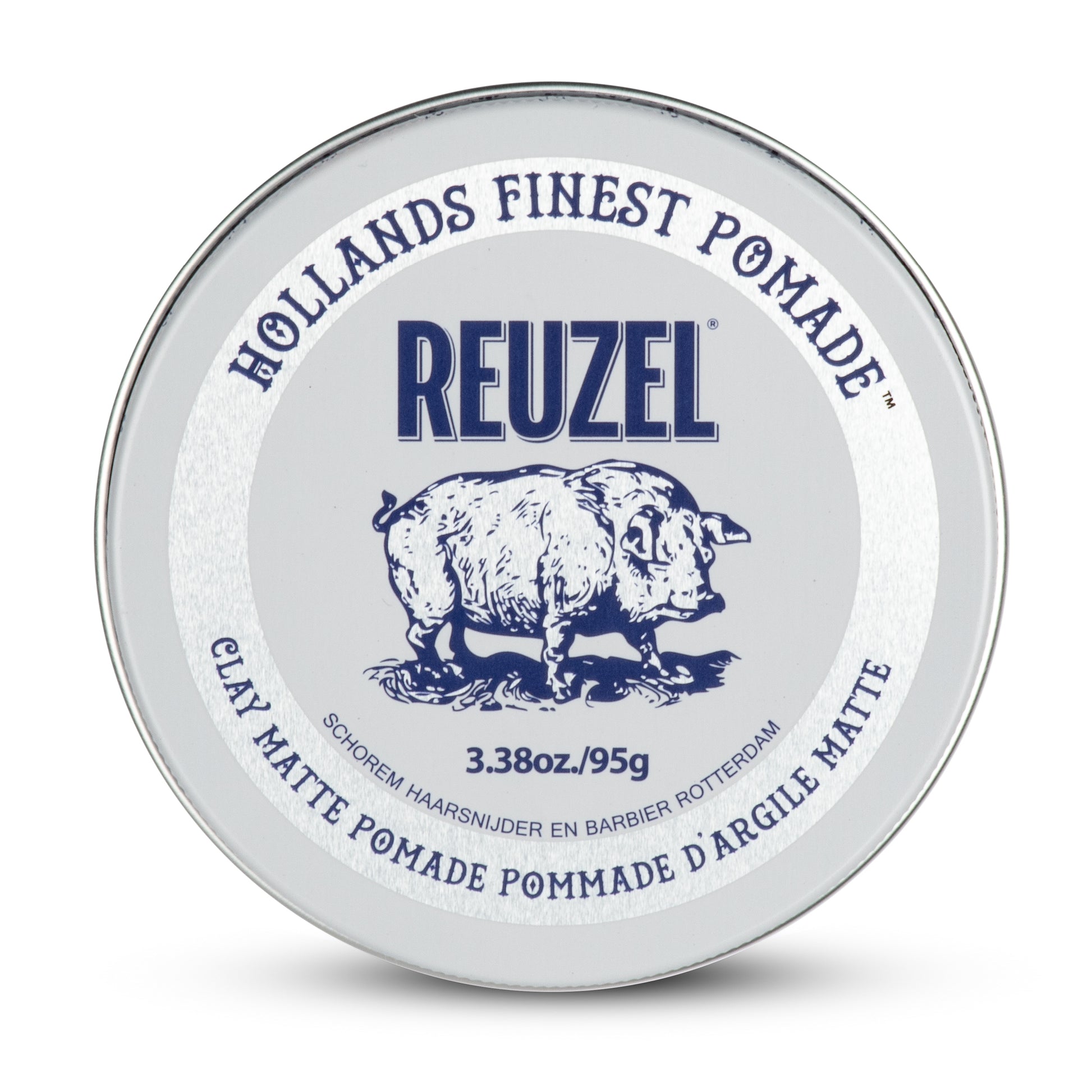 Reuzel Clay Matte Pomade in a container showcasing its creamy texture for styling hair with a matte finish.