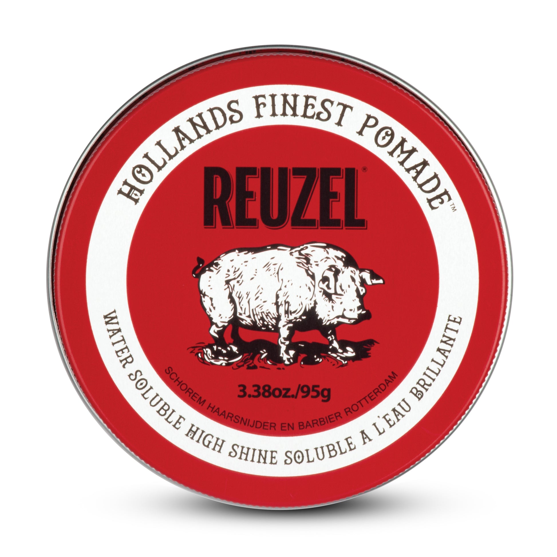 Red pomade in a jar by Reuzel, showcasing its smooth texture and vibrant color for styling hair.