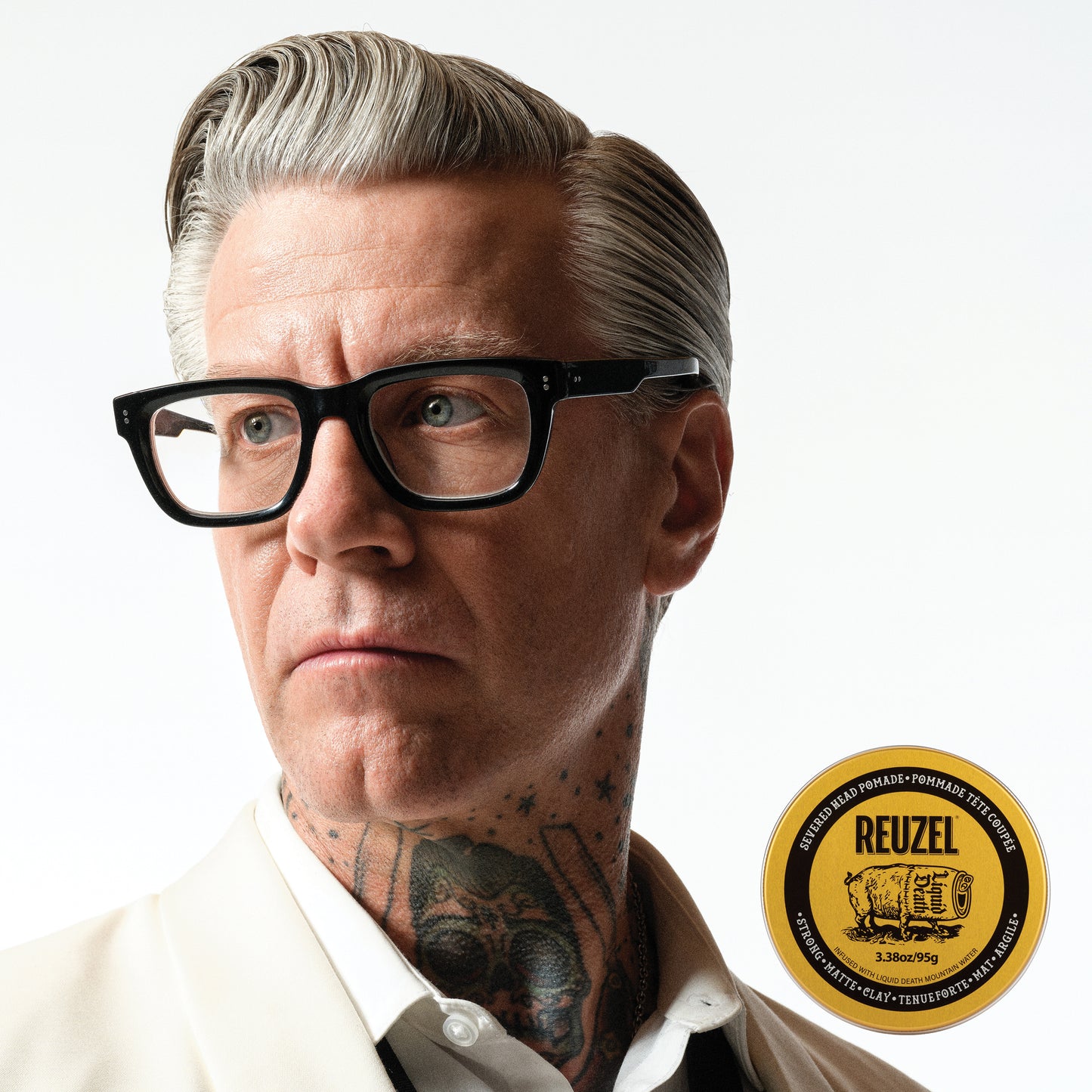 Severed Head Clay Pomade by Vendor in a sleek jar, showcasing a textured clay product for styling hair.