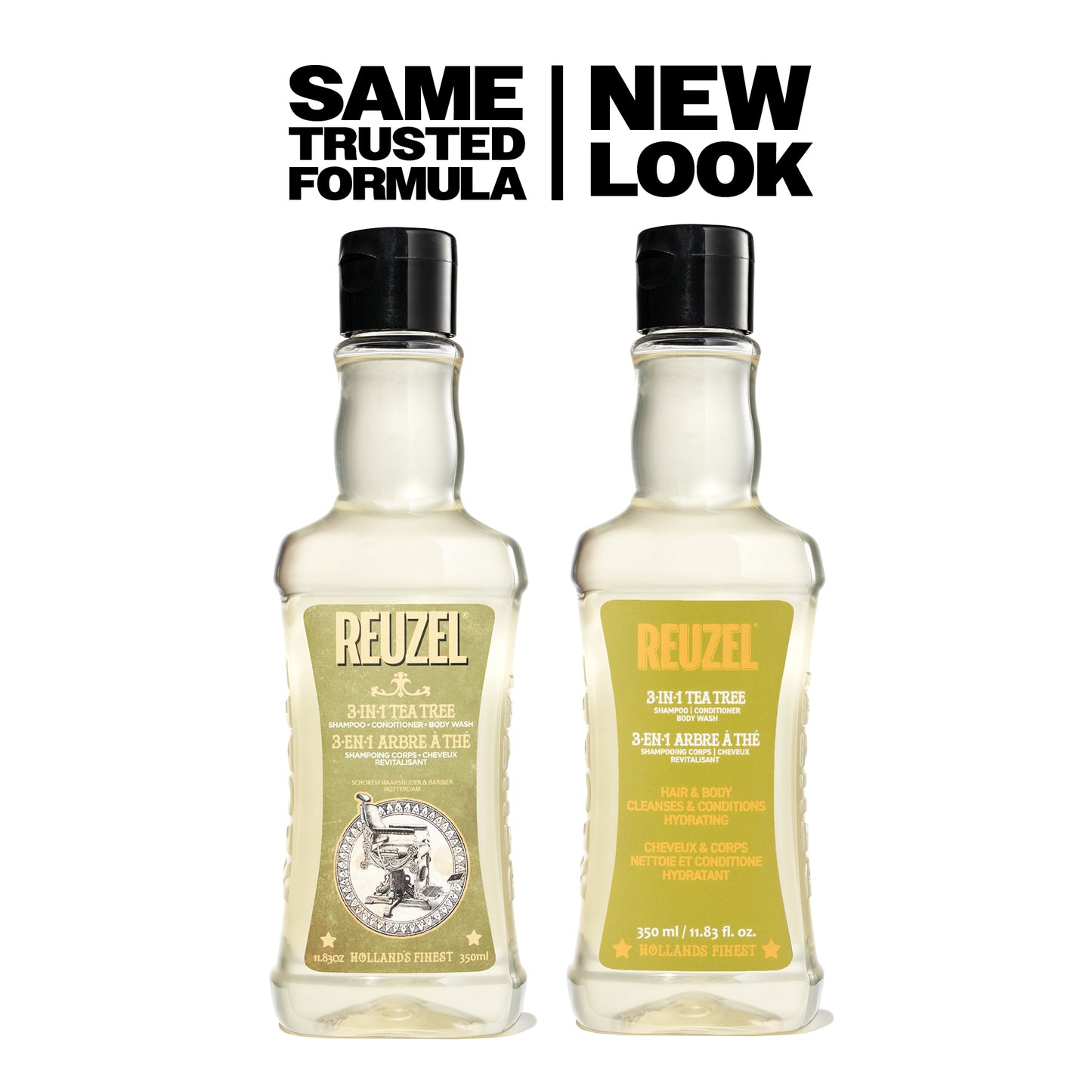 Reuzelinc 3-in-1 shampoo bottle with label, showcasing a 350ml container for hair, body, and face cleansing.