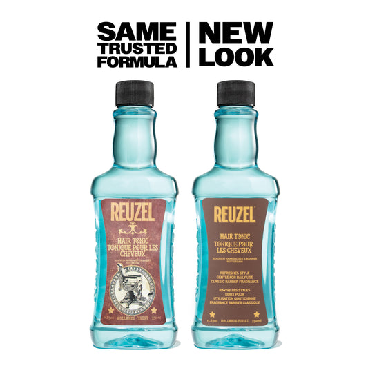 Pro REUZEL Hair Tonic in a 350ml bottle, shown in a case of 12, with a sleek label and modern packaging design.