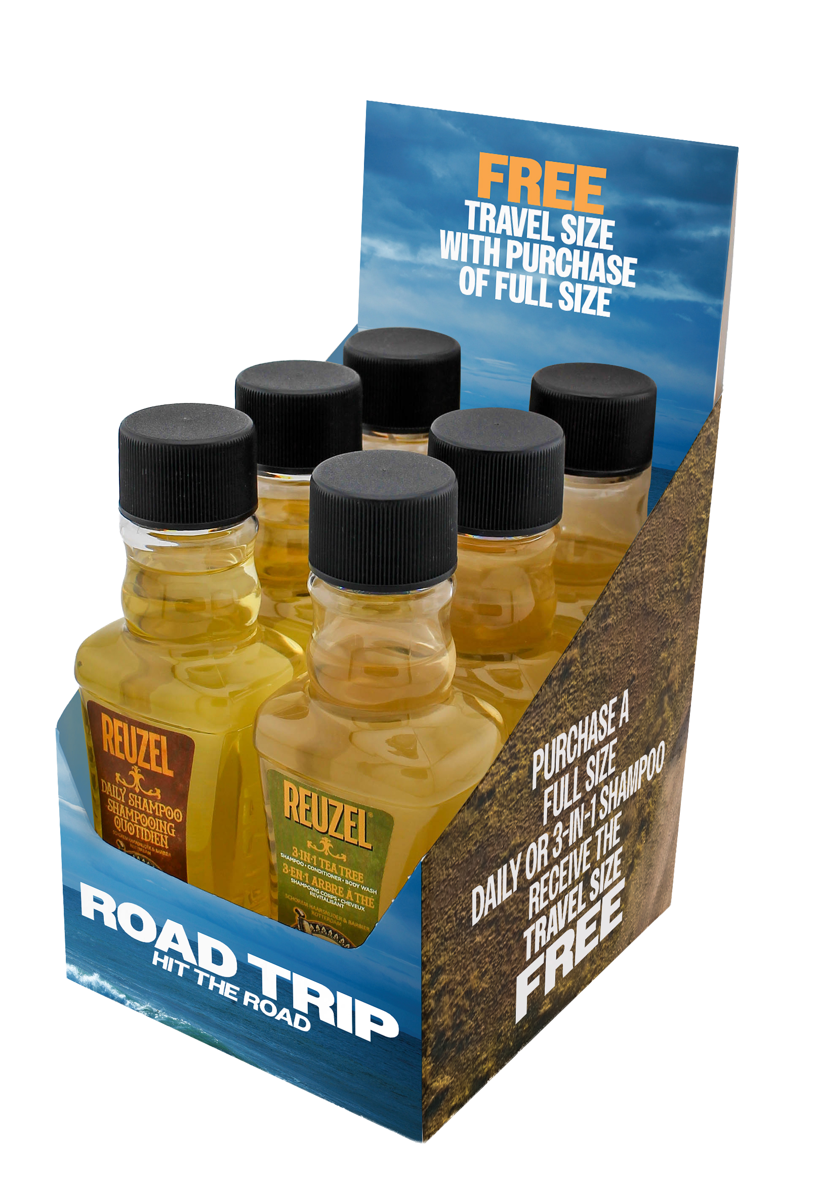 Display image of Vendor Road Trip Shampoo packaging mockup with boxed shampoo bottles on a retail shelf.