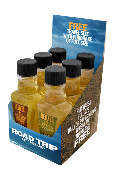 Display image of Vendor Road Trip Shampoo packaging mockup with boxed shampoo bottles on a retail shelf.