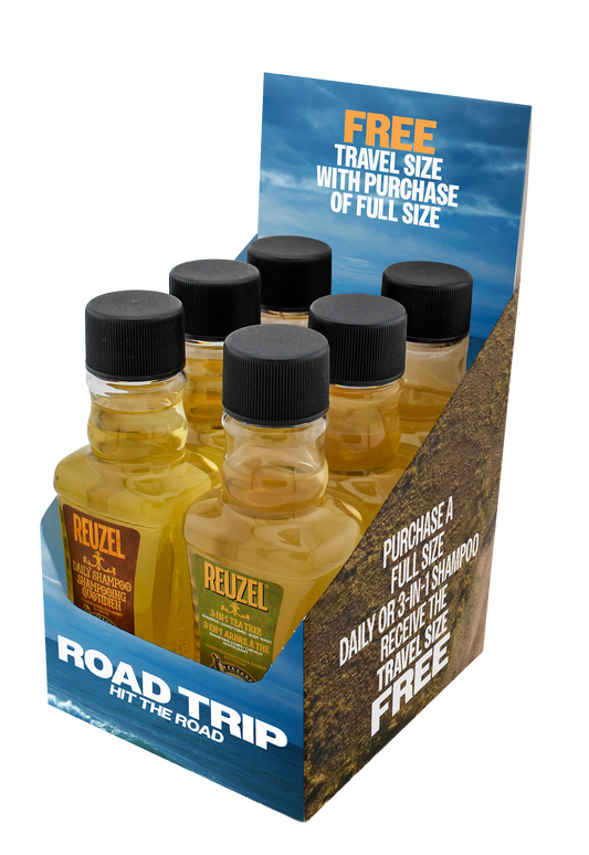 Display image of Vendor Road Trip Shampoo packaging mockup with boxed shampoo bottles on a retail shelf.