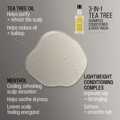 Reuzel 3-in-1 Tea Tree Tea Tree Oil helps purify and refresh scalp helps reduce oil and buildup menthol cooling, refreshing scalp sensation helps soothe dryness leaves scalp feeling energized lightweight conditioning complex improves slip and detengling softens and smooths hair