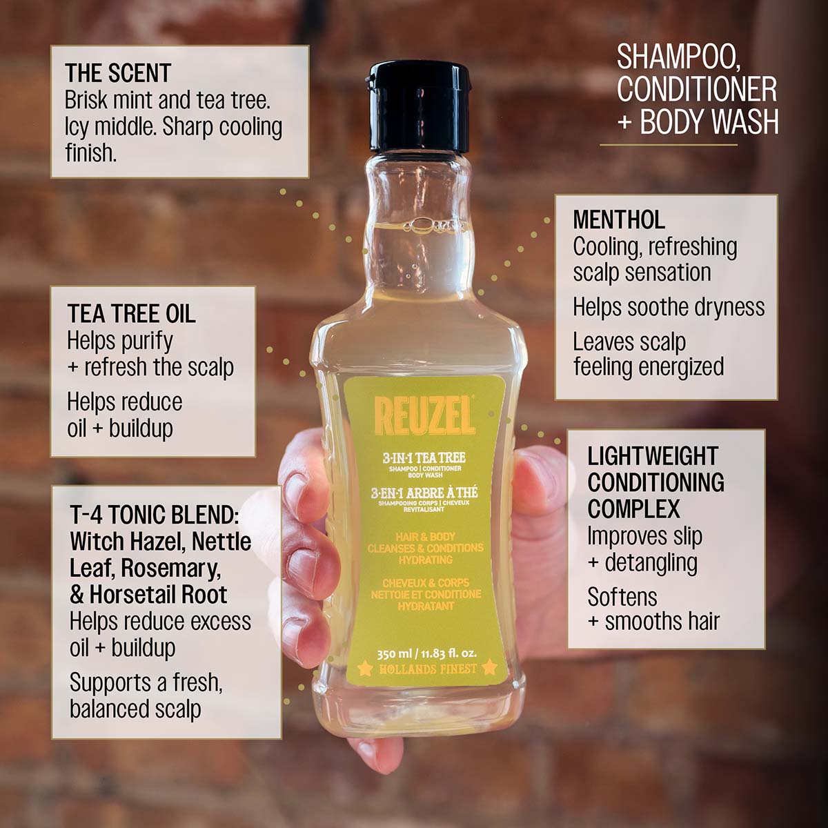 Shampoo, conditioner and body wash the scent brisk mint and tea tree. Icy middle. Sharp cooling finish. Tea tree oil helps purify and refresh the scalp helps reduce oil and buildup menthol cooling refreshing scalp sensation helps soothe dryness leaves scalp feeling energized lightweight conditioning complex improves slip and detangling soften and smooths hair t-4 tonic blend: witch hazel, nettle leaf, rosemary, and horsetail root helps reduce excess oil and buildup supports a fresh balanced scalp