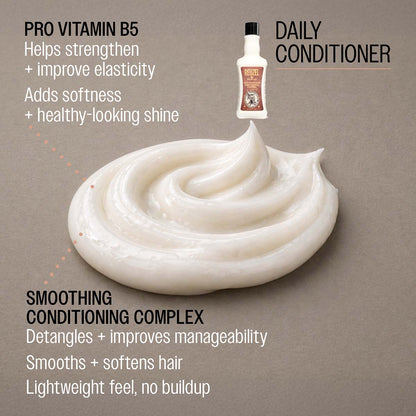 Daily conditioner pro vitamin B5 helps strengthen and improve elasticity adds softness and healthy-looking shine smoothing conditioning complex detangles and improves manageability smooths and softens hair lightweight feel, no buildup