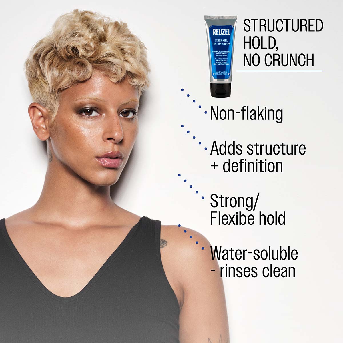 Reuzel fiber gel structured hold, no crunch non-flaking adds structure and definition strong/flexible hold water-soluble - rinses clean
