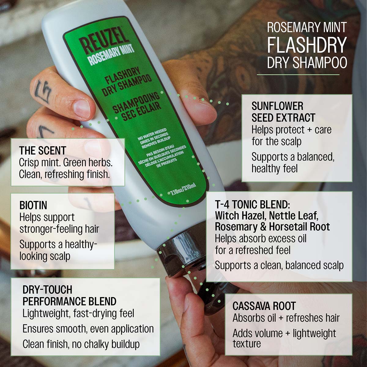 Bottle of Vendor FLASHDRY dry shampoo with a sleek design, featuring a pump spray nozzle and branding on the label.