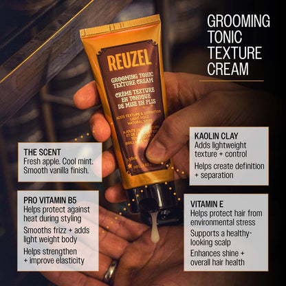 Reuzel grooming tonic texture cream the scent fresh apple. cool mint. smooth vanilla finish. Kaolin clay adds lightweight texture and control helps create definition and separation vitamin e helps protect hair from enviornmental stress supports a healthy looking scalp enhances shine and overall hair health pro vitamin b5 helps protect against heat during styling smooths frizz and adds light weight body helps strengthen and improve elasticity