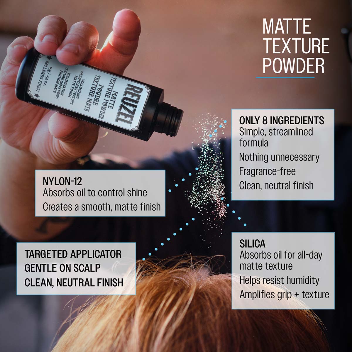 Close-up of Vendor matte texture powder in a sleek container, showing its smooth, velvety surface and fine, matte finish.
