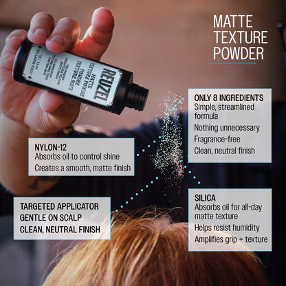 Close-up of Vendor matte texture powder in a sleek container, showing its smooth, velvety surface and fine, matte finish.
