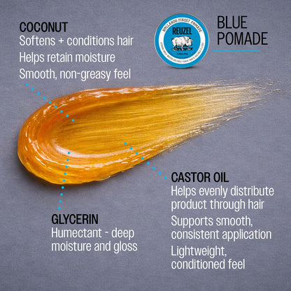 Blue Reuzelinc pomade jar with label, showcasing the styling product in a sleek container for classic hair styling.
