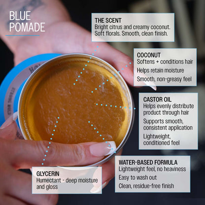 Blue Reuzelinc Pomade jar with a silver lid, showcasing the product's packaging and vibrant blue color for styling hair.