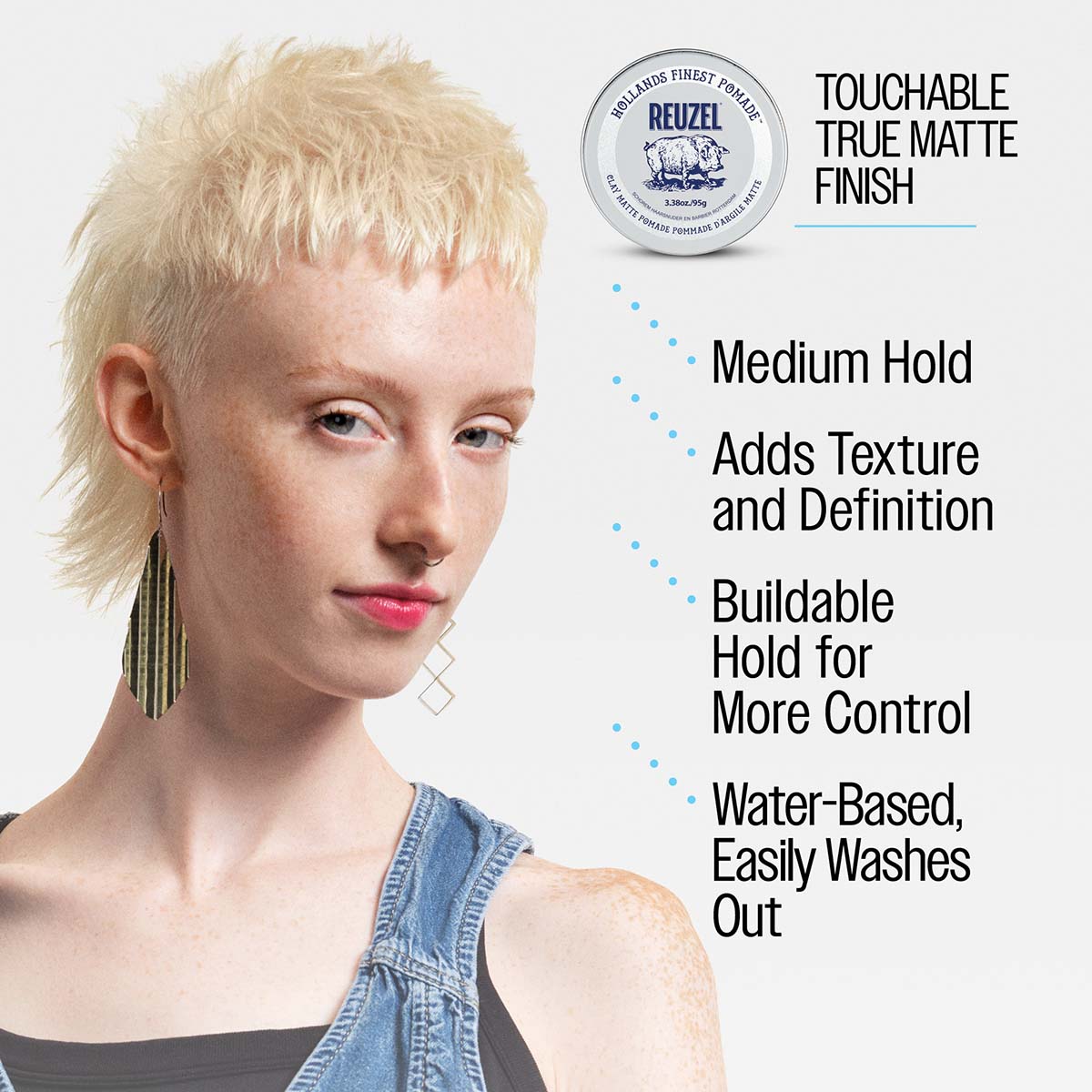 Reuzelinc Clay Matte Pomade jar with label, showing the product's matte finish and thick, clay-like texture.