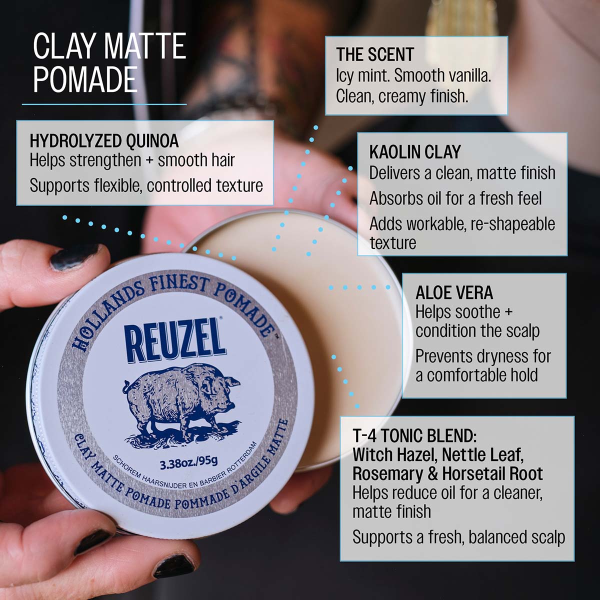 Reuzelinc Clay Matte Pomade jar showing the product label with a matte finish and product description on the packaging.