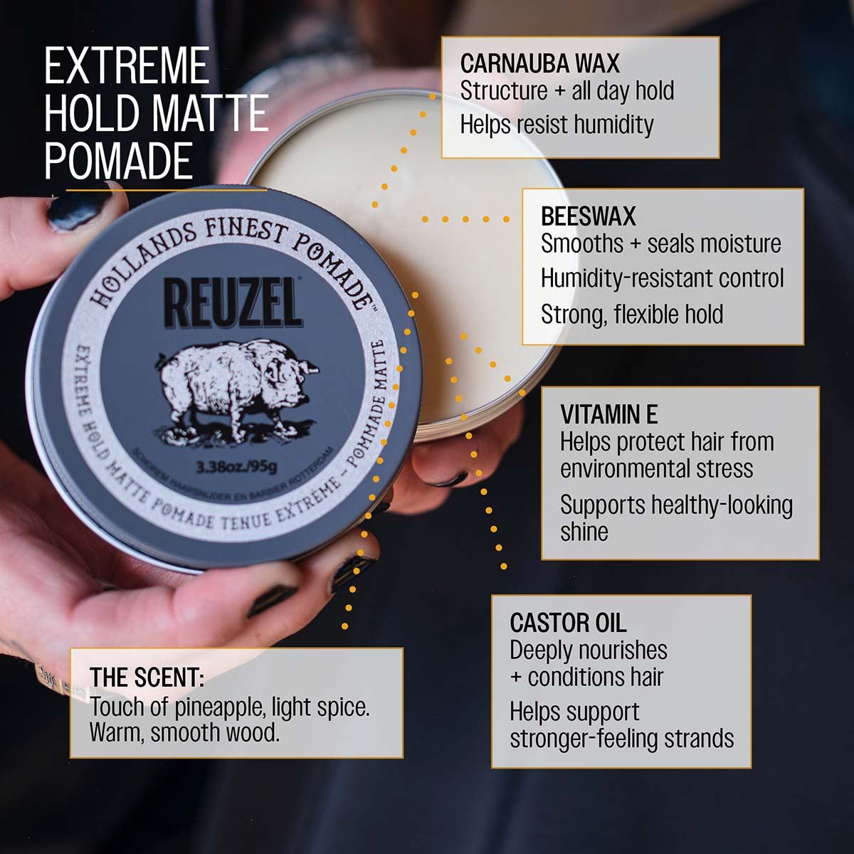 Reuzelinc Extreme Hold Matte Pomade jar with black lid and label, showcasing the product's packaging and branding.