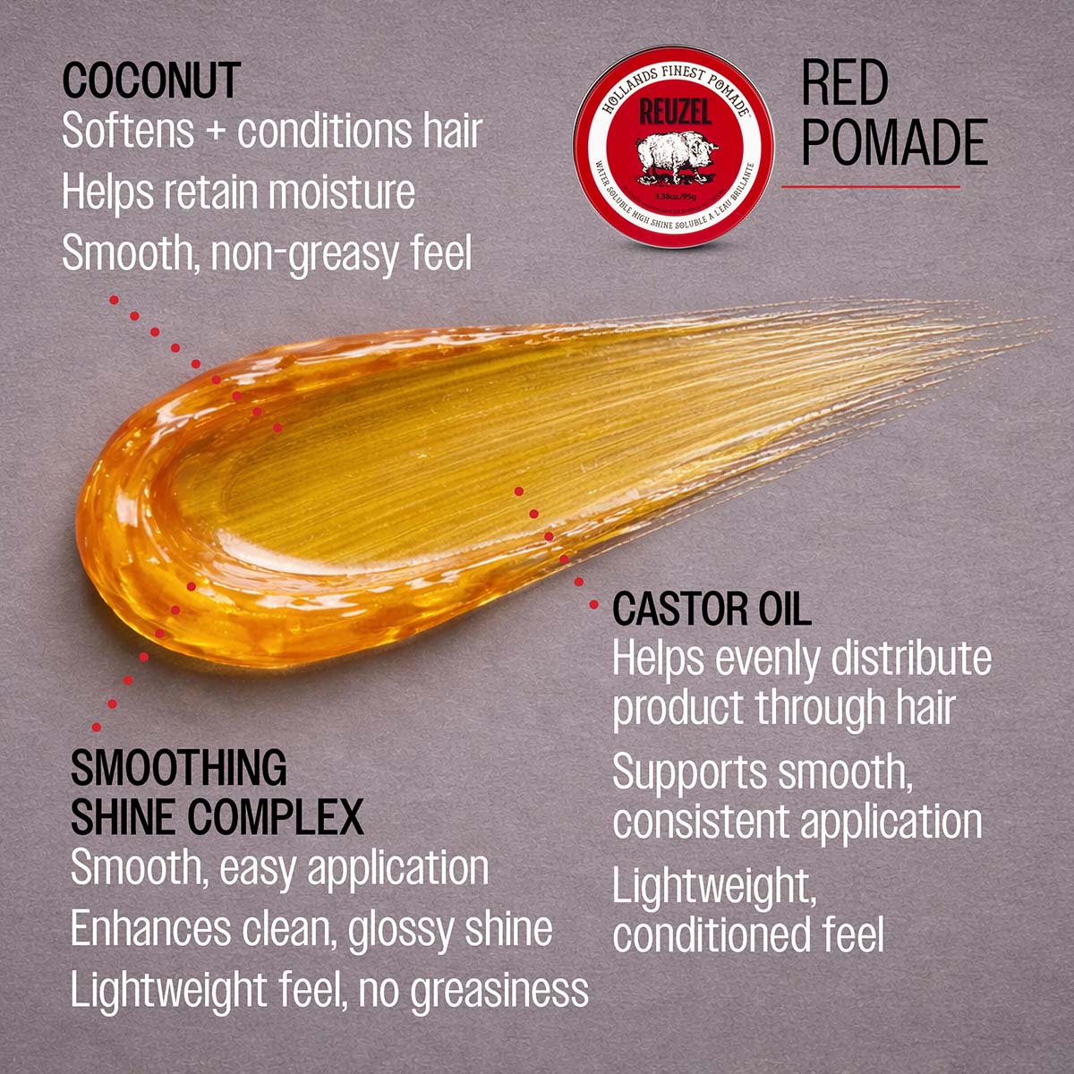 Red Reuzelinc pomade jar with clear lid and label, showcasing the classic grooming product for hair styling.