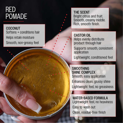 Red Reuzelinc pomade jar with a black lid, showcasing the bright red label and product name, ideal for styling hair.