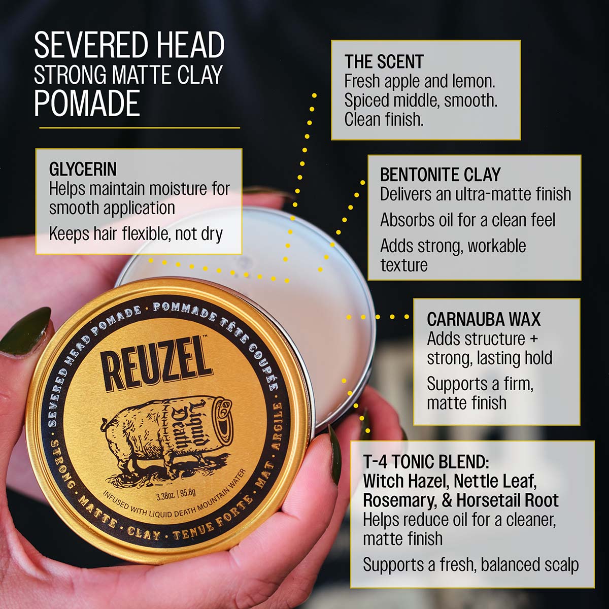 Severed head clay pomade jar from Vendor, displaying the black container with product label and branding, on a white background.