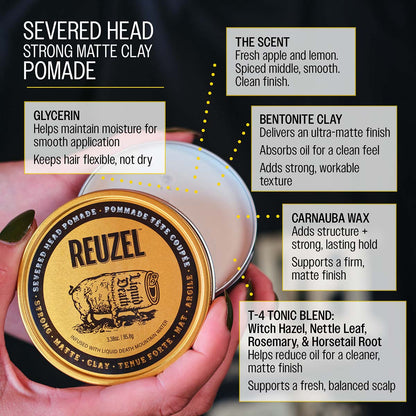 Severed head clay pomade jar from Vendor, displaying the black container with product label and branding, on a white background.