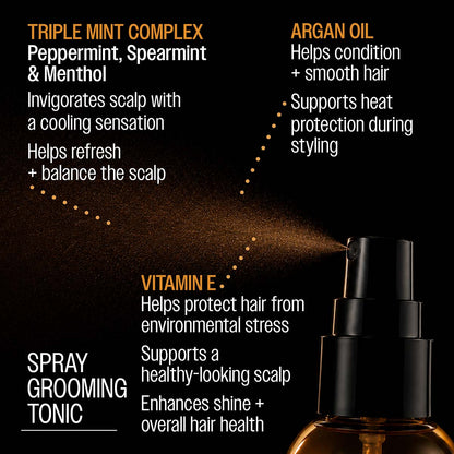 Reuzel spray grooming tonic triple mint complex peppermint, spearmint, and menthol invigorates scalp with a cooling sensation helps refresh and balance the scalp argan oil helps condition and smooth hair supports heat protection during styling vitamin e helps protect hair from enviornmental stress supports a healthy-looking scalp enhances shine and overall hair health