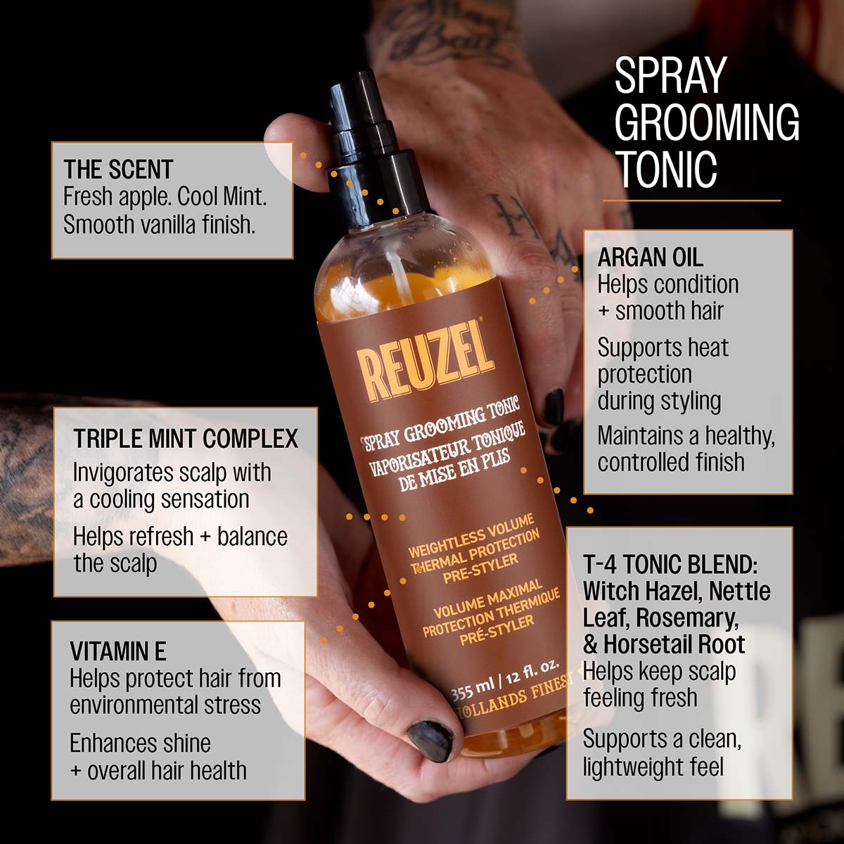 Reuzel spray grooming tonic the scent fresh apple cool mint smooth vanilla finish triple mint complex invigorates scalp with a cooling sensation helps refresh and balance the scalp vitamin e helps protect hair from enviornmental stress enhances shine and overall hair health argan oil helps condition and smooth hair supports heat protection during styling maintains a healthy controlled finish t-4 tonic blend witch hazel, nettle leaf, rosemary, and horsetail root helps keep scalp feeling fresh clean feel
