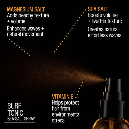 Reuzel surf tonic sea salt spray magnesium salt adds beachy texture and volume enhances waves and natural movement sea salt boosts volume and lived-in texutre creates natural, effortless waves vitamin e helps protect hair from enviornmental stress