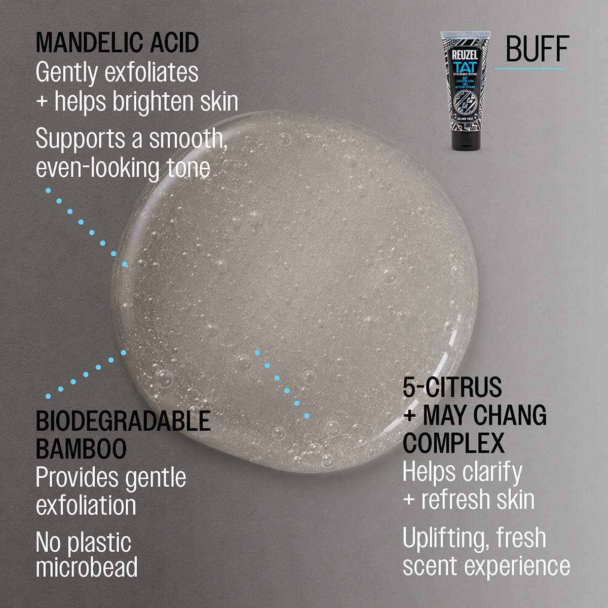 Reuzel TAT Buff mandelic acid gently exfoliates and helps brighten skin supports a smooth, even-looking tone biodegradable bamboo provides gentle exfoliation no plastic microbead 5-citrus and may chang complex helps clarify and refresh skin uplifting fresh scent experience