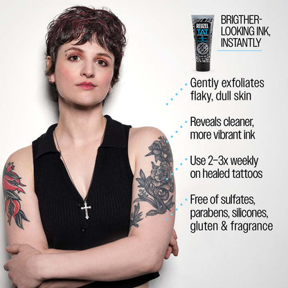 Reuzel TAT Buff brighter-looking ink, instantly gently exfoliates flaky, dull skin reveals cleaner, more vibrant ink use 2-3x weekly on healed tattoos free of sulfates, parabens, silicones, gluten and fragrance