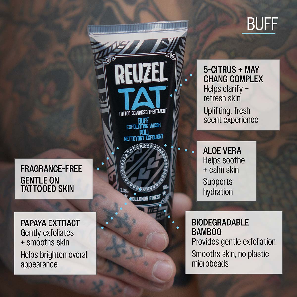 Reuzel TAT Buff 5-citrus and may chang complex helps clarify and refresh skin uplifting fresh scent experience aloe vera helps soothe and calm skin supports hydration papaya extract gently exfoliates and smooths skin helps brighten overall apperance biodegradable bamboo provides gentle exfoliation smooths skin no plastic mirobeads fragrance-free gentle on tattooed skin