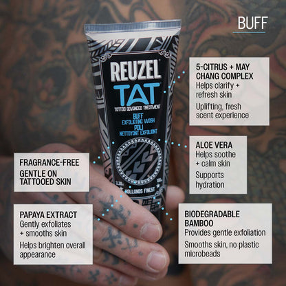 Reuzel TAT Buff 5-citrus and may chang complex helps clarify and refresh skin uplifting fresh scent experience aloe vera helps soothe and calm skin supports hydration papaya extract gently exfoliates and smooths skin helps brighten overall apperance biodegradable bamboo provides gentle exfoliation smooths skin no plastic mirobeads fragrance-free gentle on tattooed skin